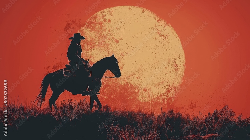 A cowboy rides into the sunset on a red background.