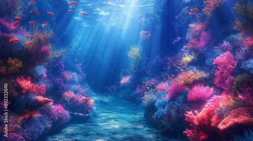 underwater path in the ocean with colourful marine sea life creatures. 