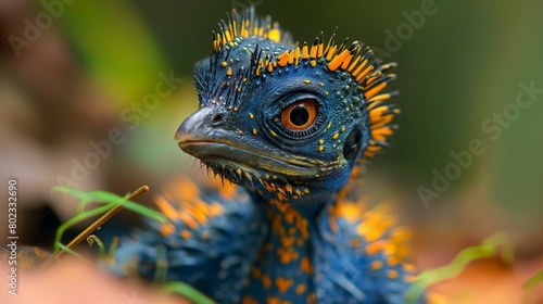 small orange and blue alien bird reptile hybrid creature. 