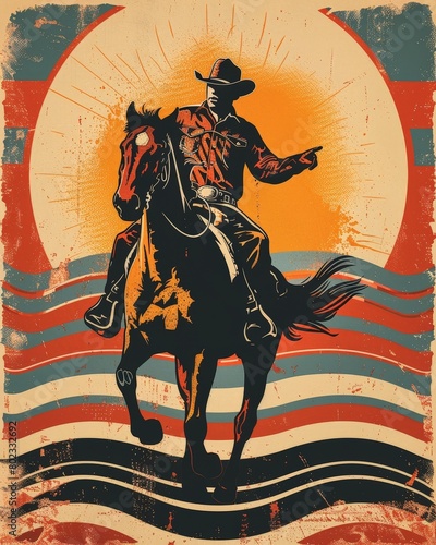 A cowboy on a horse  in front of a setting sun. The cowboy is wearing a hat and a bandana. The horse is galloping. The image has a retro  vintage feel.