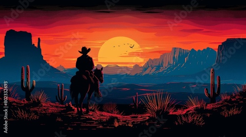 A cowboy rides into the sunset on a horse. photo