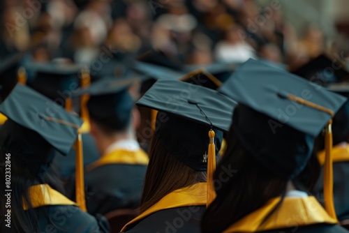 Closeup of graduation caps during the ceremony, with a blurred background showing students in chairs wearing black gowns and yellow tassels Generative AI