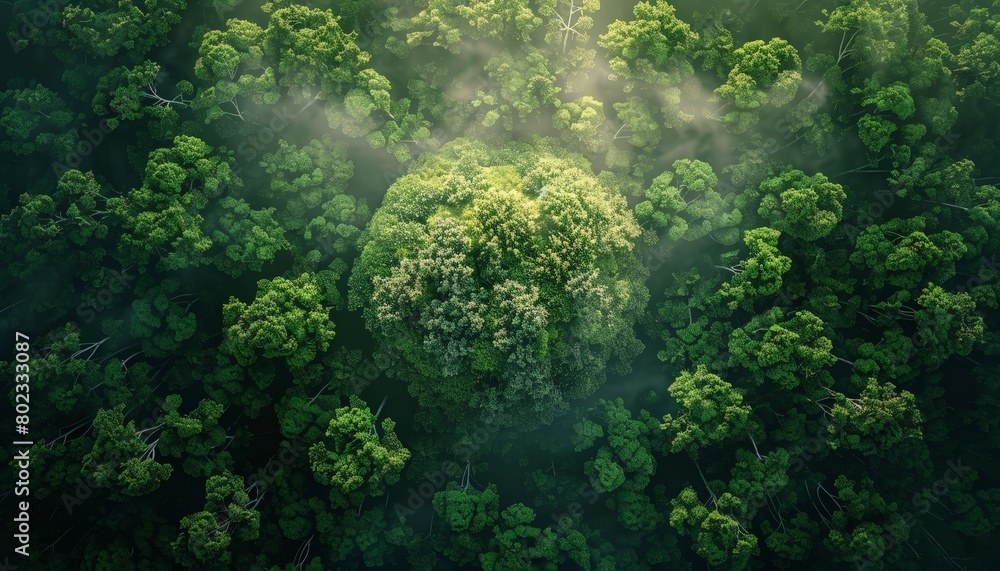 An aerial view of a lush green forest with a heart shaped clearing in the middle.