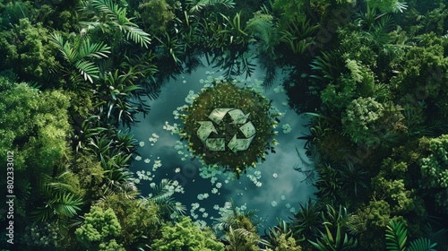 A recycling symbol made of leaves floating in a pond surrounded by a lush green jungle.