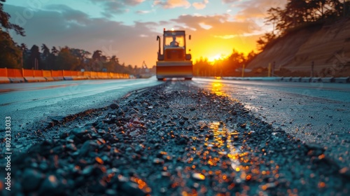 A steamroller is paving a new asphalt road at sunset. photo