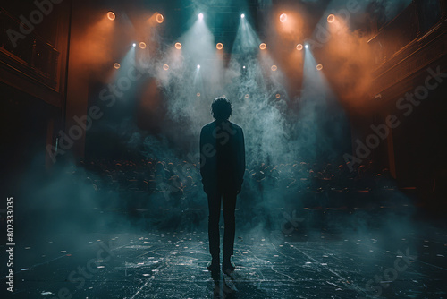 A lone person stands center stage, enveloped by hazy light, facing an unseen audience in an awaiting theater. Fear of public speaking