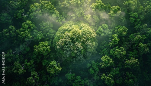 An aerial view of a lush green forest with a heart shaped clearing in the middle.