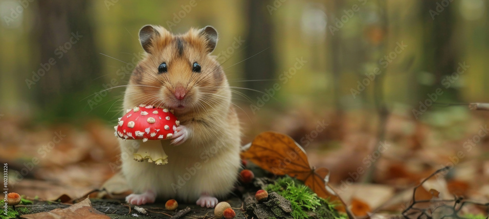 Fototapeta premium Cute hamster eating mushroom in forest