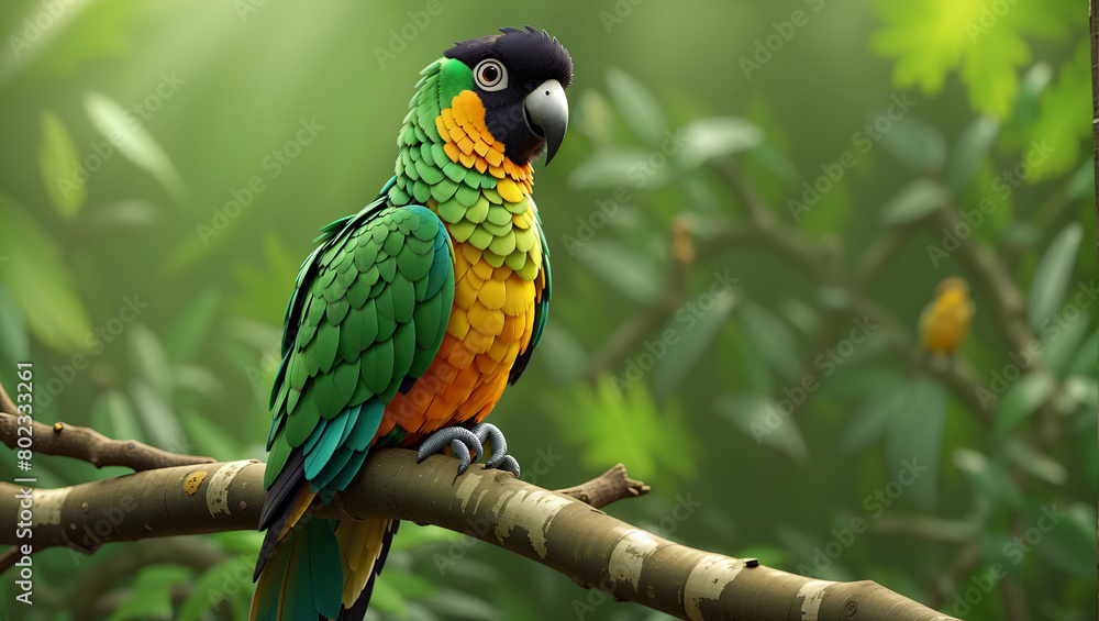 Obraz premium A bright green parrot with blue and yellow feathers