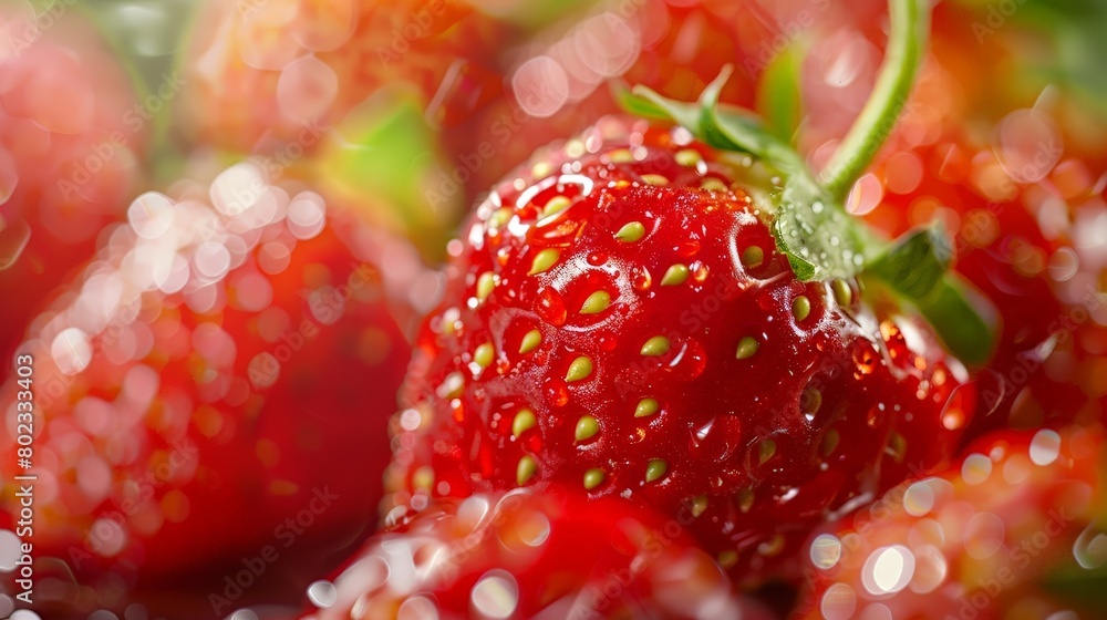 Macro shot of a fresh strawberry with water drops on its surface.
