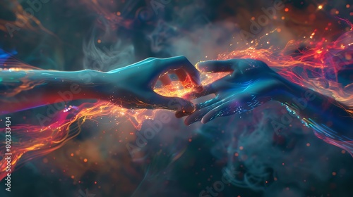 A vividly colored energy field emanating from a pair of intertwined hands photo