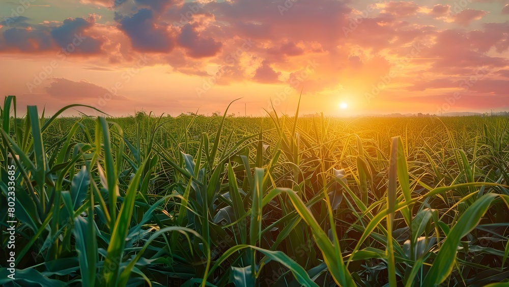 Fototapeta premium Sunset over sugarcane field: A vibrant source of energy for the food industry. Concept Agricultural Innovation, Energy Production, Sustainable Farming, Crops Harvest, Food Industry