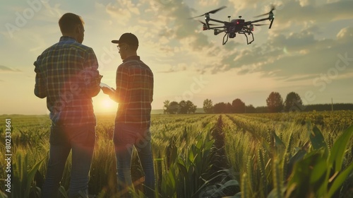 Two farmers are using a drone to survey their wheat field.