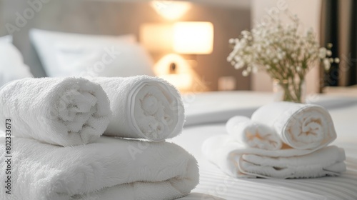 White towels on a bed in a hotel room