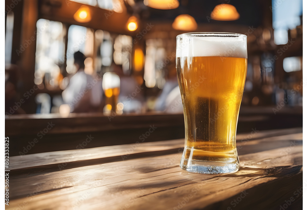 A glass of beer on a wooden table in a bar with blurred background of people. International Beer Day. A glass of beer on a wooden table in a bar with blurred background of people. International Beer Day.