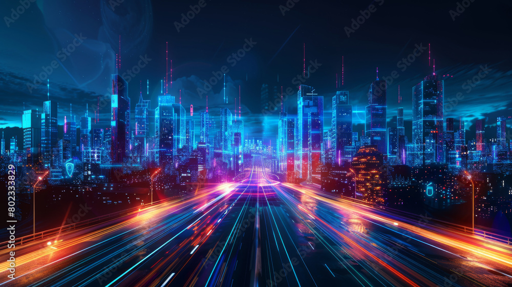 A cityscape with a bright neon glow