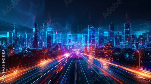 A cityscape with a bright neon glow