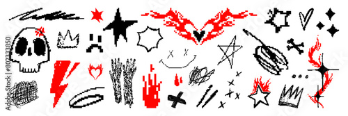 Set of graphic shape assets with a pixel elements. Vector modern shapes in punk grunge aesthetic. Isolated illustration for stickers, poster, collage, design template.