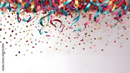 streamers and confetti, Man different colored ribbons and small confetti over a clear backdrop. celebration and festivities. backdrop with several colors.Vibrant and colorful confetti separated agains photo