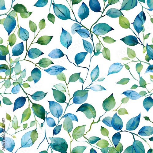 watercolor  blue green leaves and vines pattern on white background  seamless  patterns