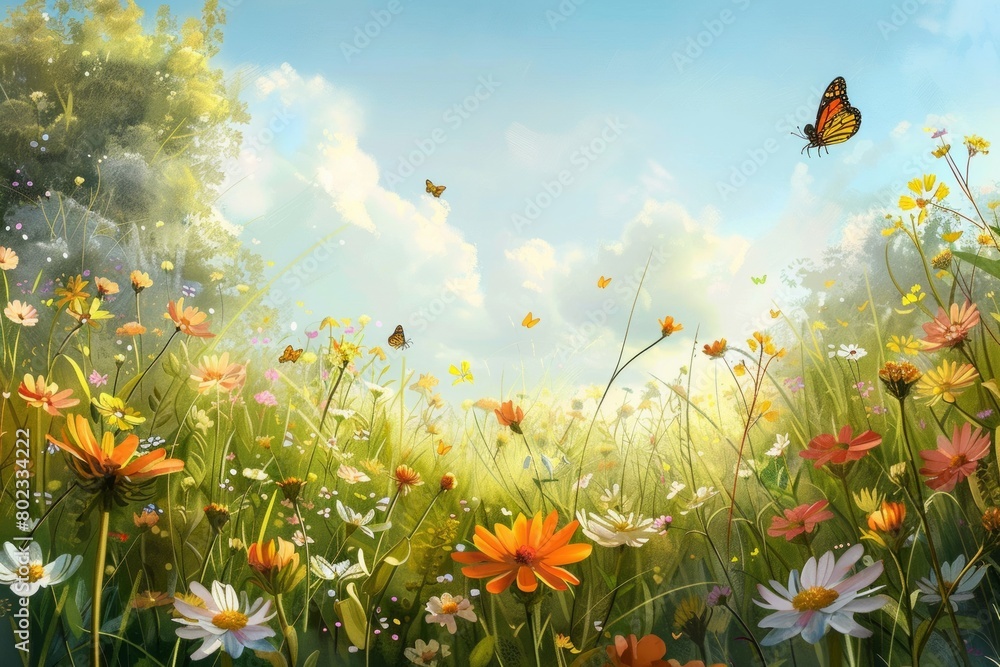 A peaceful meadow dotted with wildflowers, where butterflies flit among the blooms and bees hum lazily in the warm breeze --ar 3:2 Job ID: 6b82fb88-6cd6-4aaf-ae7b-c6bb837de9df