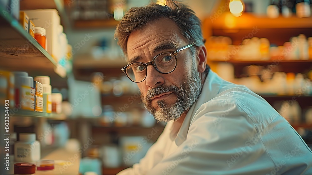 Obraz premium Pharmacist behind counter, glasses glinting, soft focus, evening light, close-up