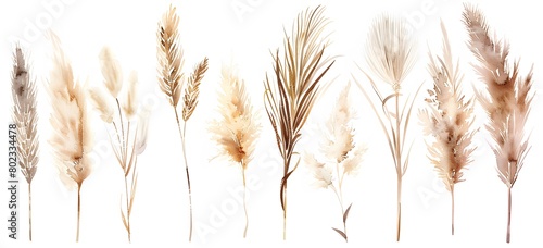 watercolor, brown grasses and reeds clipart set on white background photo