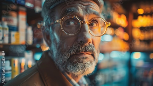 Pharmacist behind counter, glasses glinting, soft focus, evening light, close-up photo