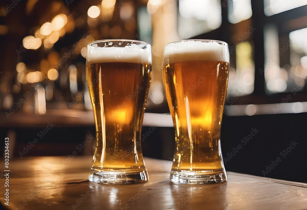 Two glasses of beer on a wooden table in a bar with a blurred background. International Beer Day. Two glasses of beer on a wooden table in a bar with a blurred background. International Beer Day.