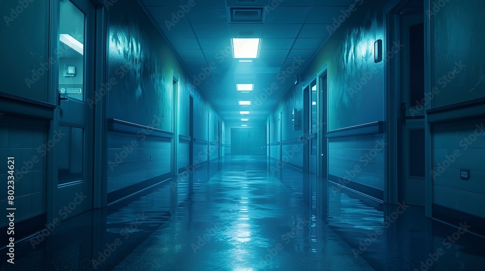 Hospital corridor, dimly lit, perspective view leading to operating room, close up, eerie silence