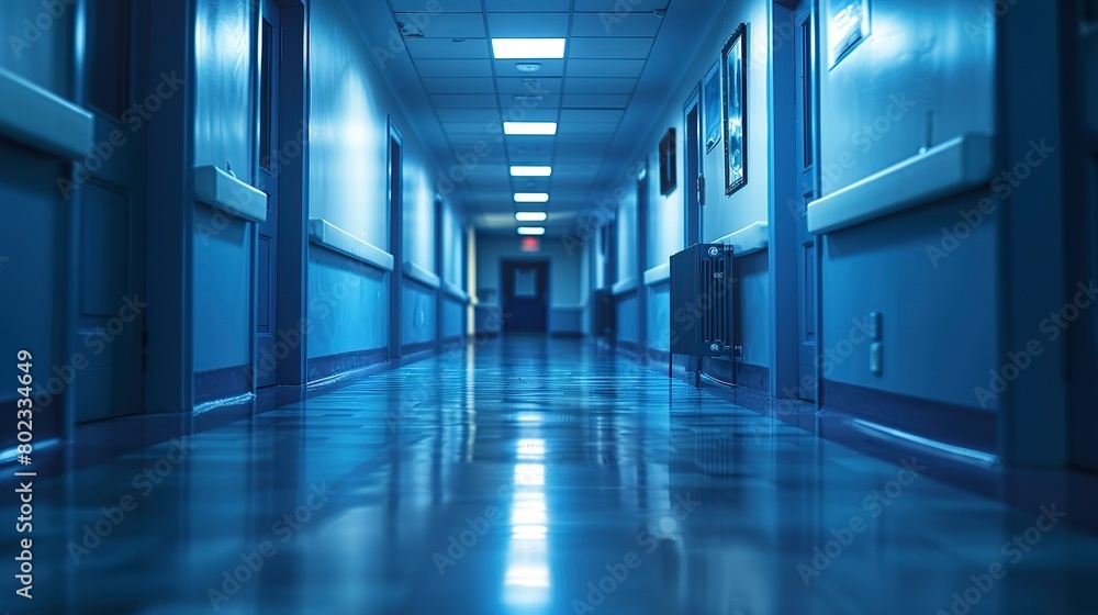 Hospital corridor, dimly lit, perspective view leading to operating room, close up, eerie silence 