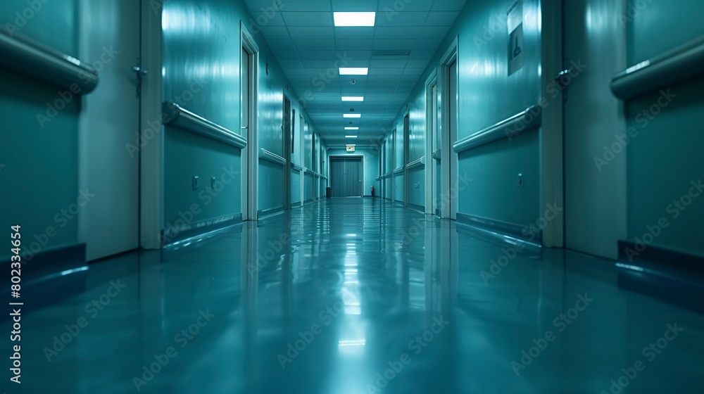 Hospital corridor, dimly lit, perspective view leading to operating room, close up, eerie silence 