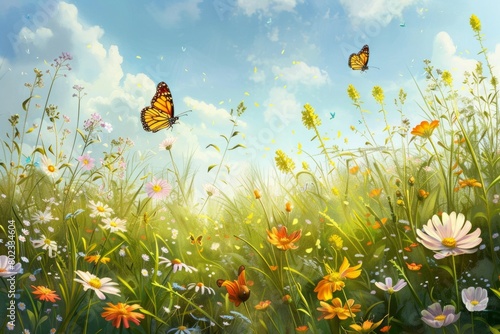 A peaceful meadow dotted with wildflowers, where butterflies flit among the blooms and bees hum lazily in the warm breeze --ar 3:2 Job ID: 58d18641-1416-495c-a9db-5453dcc3d1c2 © Preb Creations