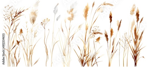 watercolor, brown grasses and reeds clipart set on white background