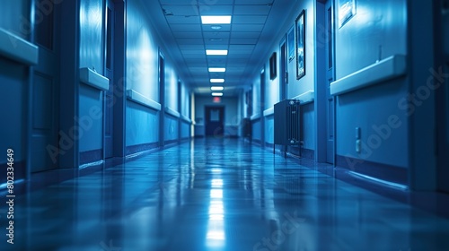 Hospital corridor  dimly lit  perspective view leading to operating room  close up  eerie silence 