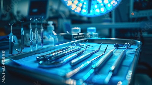 Surgical tools on sterile tray, sharp precision, cold blue light, close up, intense clarity  photo
