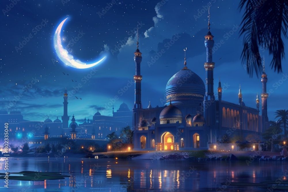 A peaceful night scene with a crescent moon illuminating an ancient mosque, signifying the start of the Islamic New Year --ar 3:2 Job ID: e110cbc5-d902-4b57-a435-1990d3f7e0b0