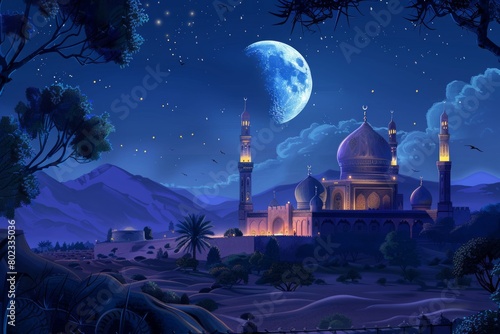A peaceful night scene with a crescent moon illuminating an ancient mosque, signifying the start of the Islamic New Year --ar 3:2 Job ID: eef96cde-a569-457f-ae41-bcdf4e96a7c3
