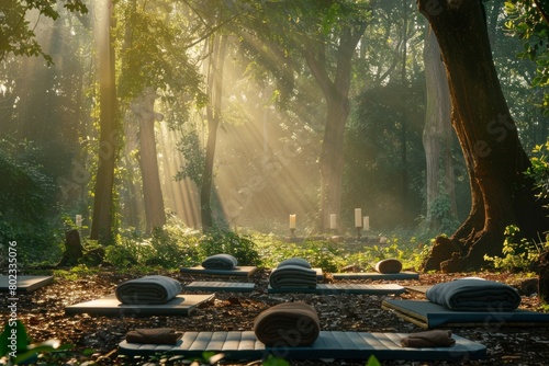 A peaceful setting with yoga mats arranged in a circle in a forest clearing, with soft morning light filtering through the trees --ar 3:2 Job ID: f0305ccc-6b62-4da4-9877-875c4a3351c0