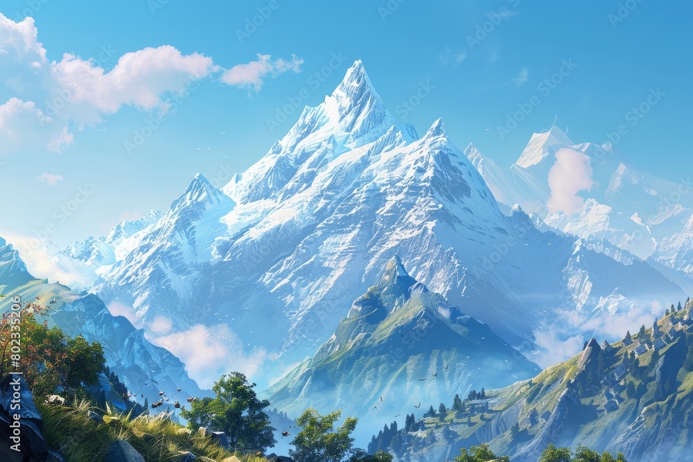 A serene mountain landscape, with snow-capped peaks rising majestically against a backdrop of clear blue skies. A serene mountain landscape, with snow-capped peaks rising majestically against a backdrop of clear blue skies.