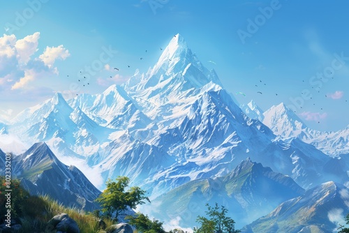 A serene mountain landscape, with snow-capped peaks rising majestically against a backdrop of clear blue skies.