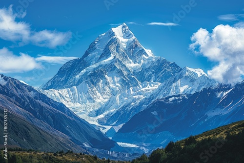 A serene mountain landscape, with snow-capped peaks rising majestically against a backdrop of clear blue skies