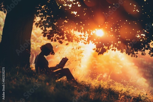 A silhouette of a person sitting under a tree, engrossed in reading a book, with rays of sunlight filtering through the leaves, highlighting the transformative power of literature.