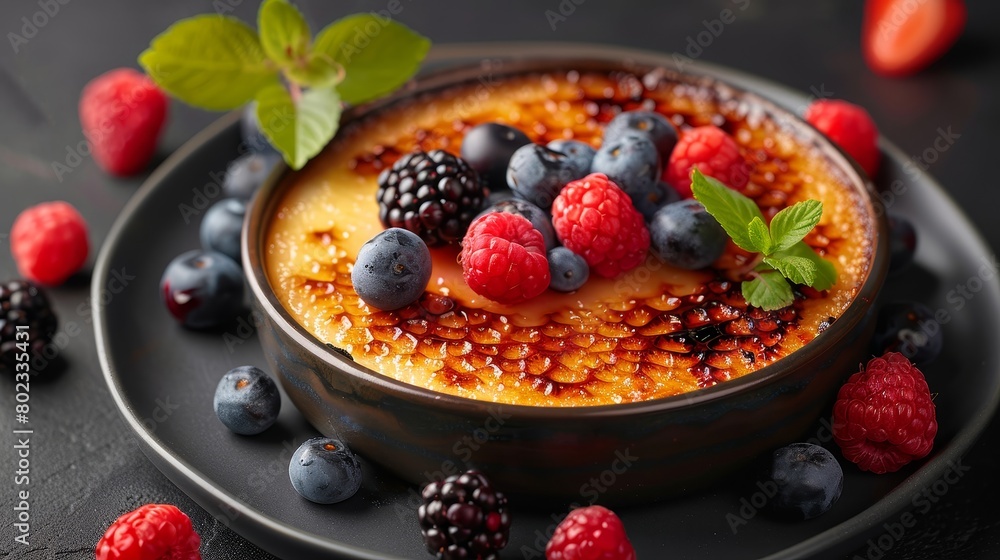 photo of creme brulee with mixed berries on a dark plate set against a black background with dramatic top lighting. photo of creme brulee with mixed berries on a dark plate set against a black background with dramatic top lighting.