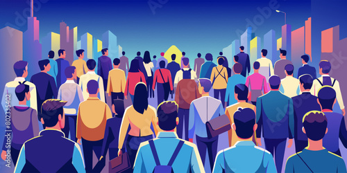 Illustration depicting a diverse group of individuals participating in a peaceful protest march through an urban street as twilight casts vibrant colors across the cityscape
