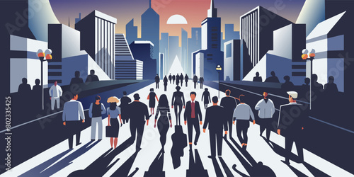Illustrated scene of a diverse group of people marching together in protest on a city street against a backdrop of skyscrapers and setting sun, conveying unity and civic engagement