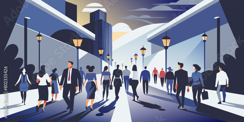 Illustration depicting a large crowd of diverse people engaging in a peaceful protest march through a cityscape with skyscrapers under a twilight sky, conveying the spirit of unity and activism