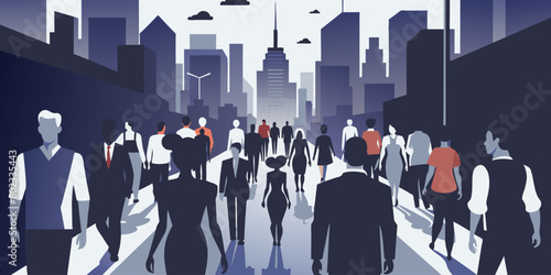 Large crowd of people depicted with diverse appearances marching down a city street in a peaceful protest, with a monochromatic skyline in the background amplifying the somber mood