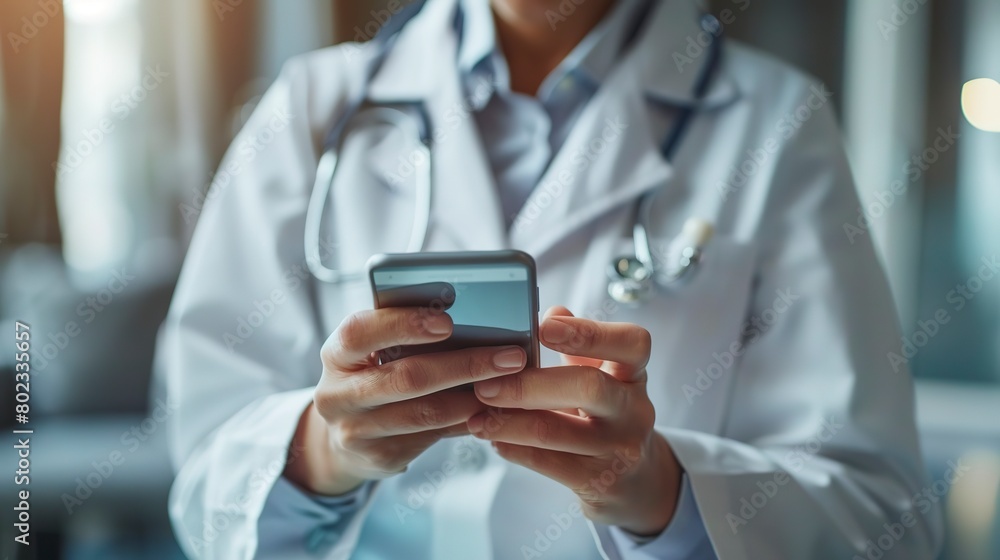 Patient using health app on smartphone, fingertips on screen, close up, clear resolution 