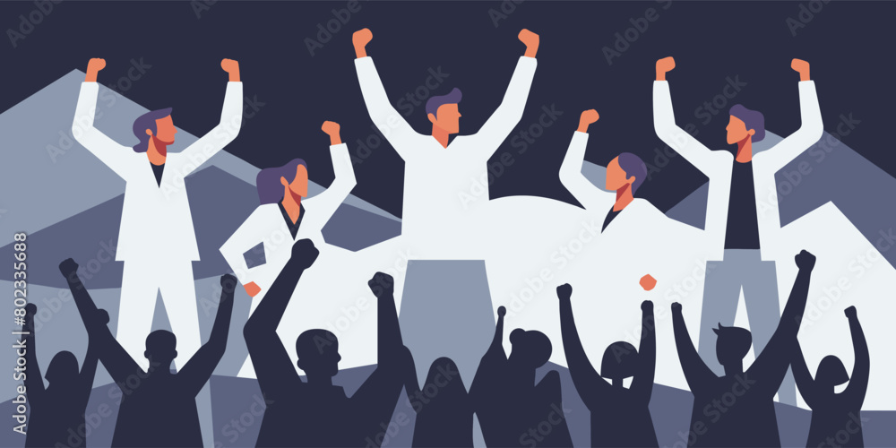 The illustration captures the essence of a public protest, featuring silhouetted figures with raised fists, portraying unity and the fight for a common cause among diverse participants The illustration captures the essence of a public protest, featuring silhouetted figures with raised fists, portraying unity and the fight for a common cause among diverse participants